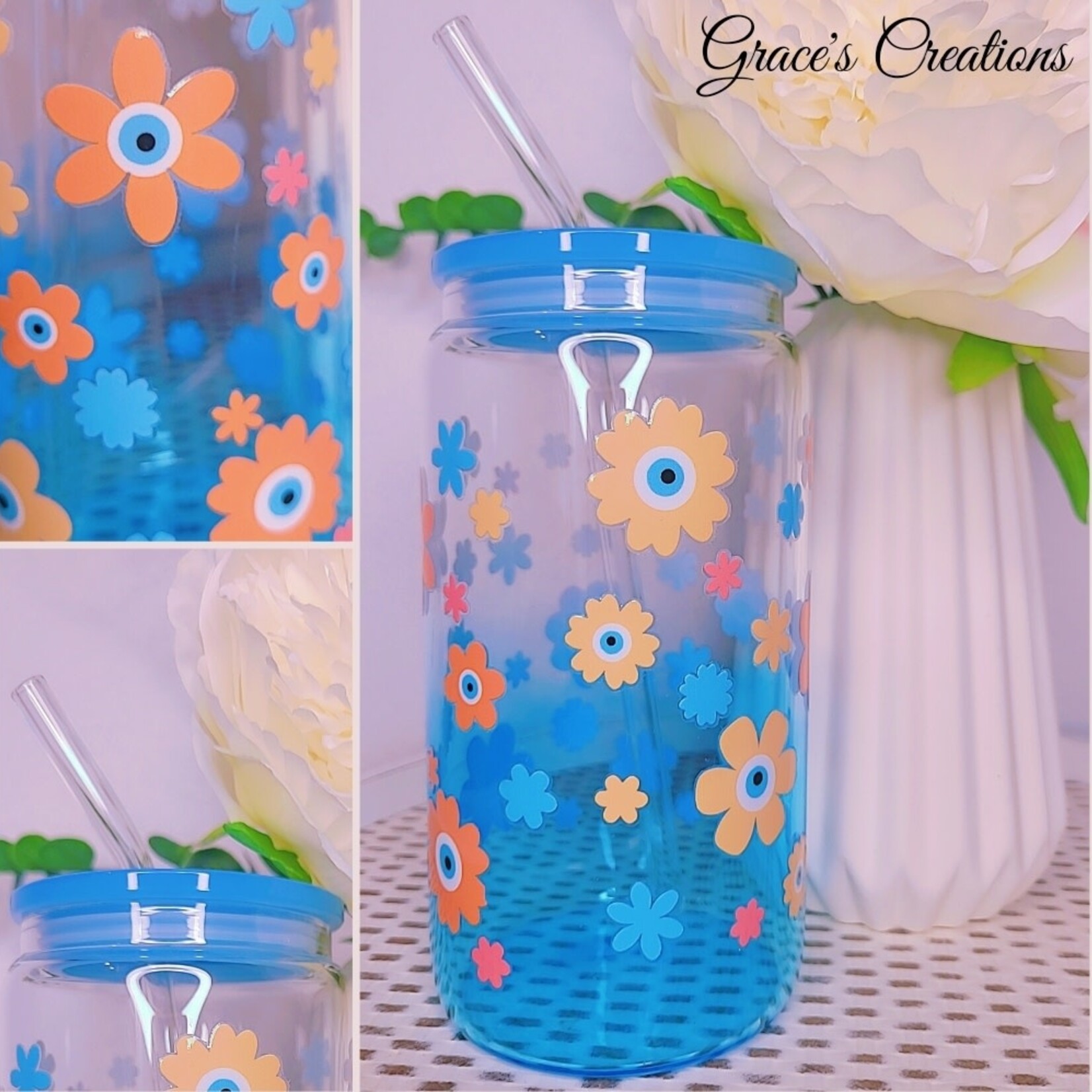 0212 | GRACE'S |  BLUE GLASS CUP - Flowers