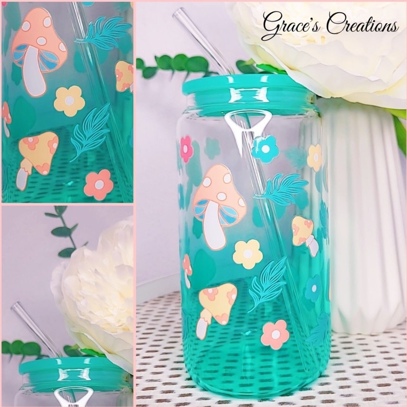 0212 | GRACE'S |  GREEN GLASS CUP - Mushrooms / Flowers