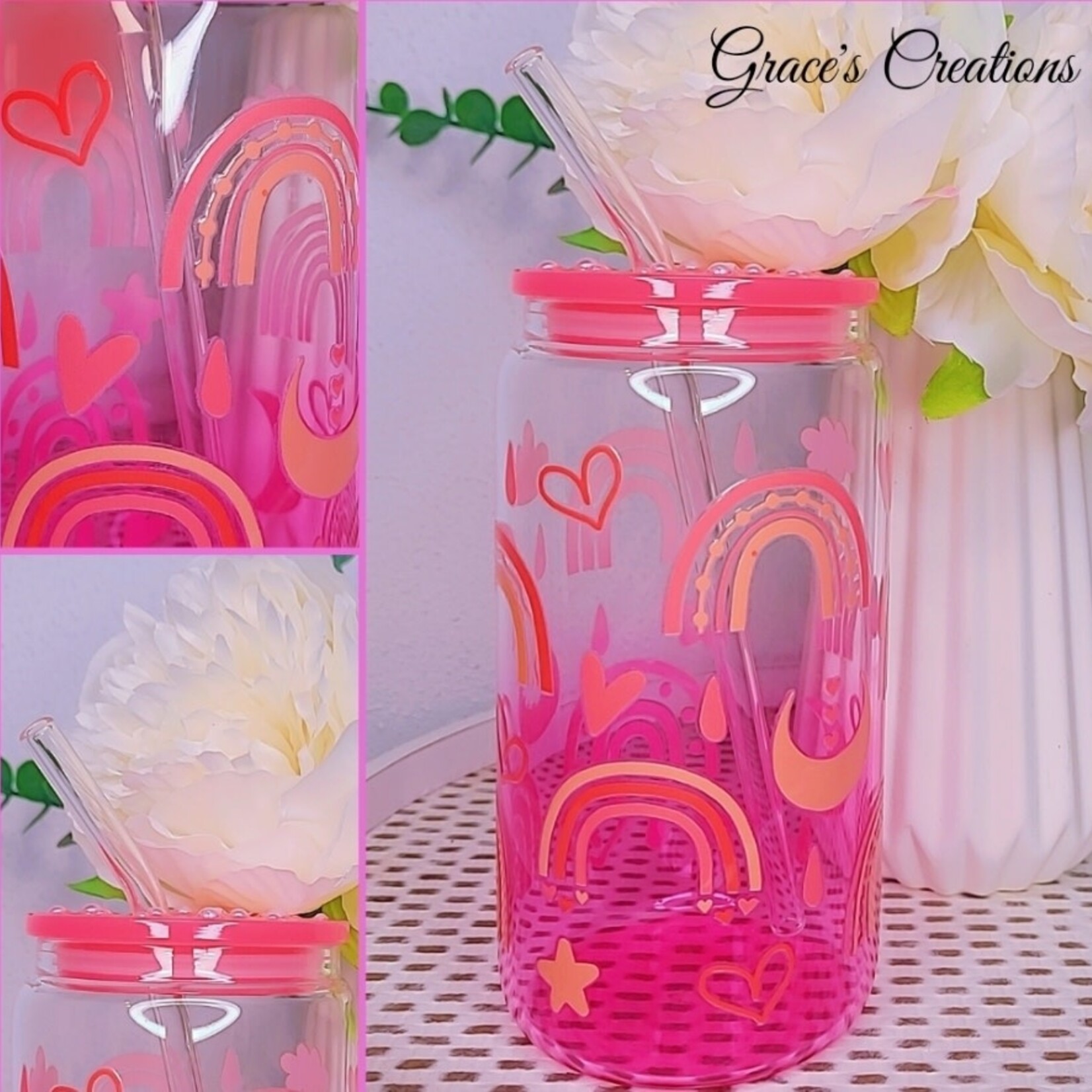 0212 | GRACE'S |  PINK GLASS CUP - Rainbow / Pearl Top