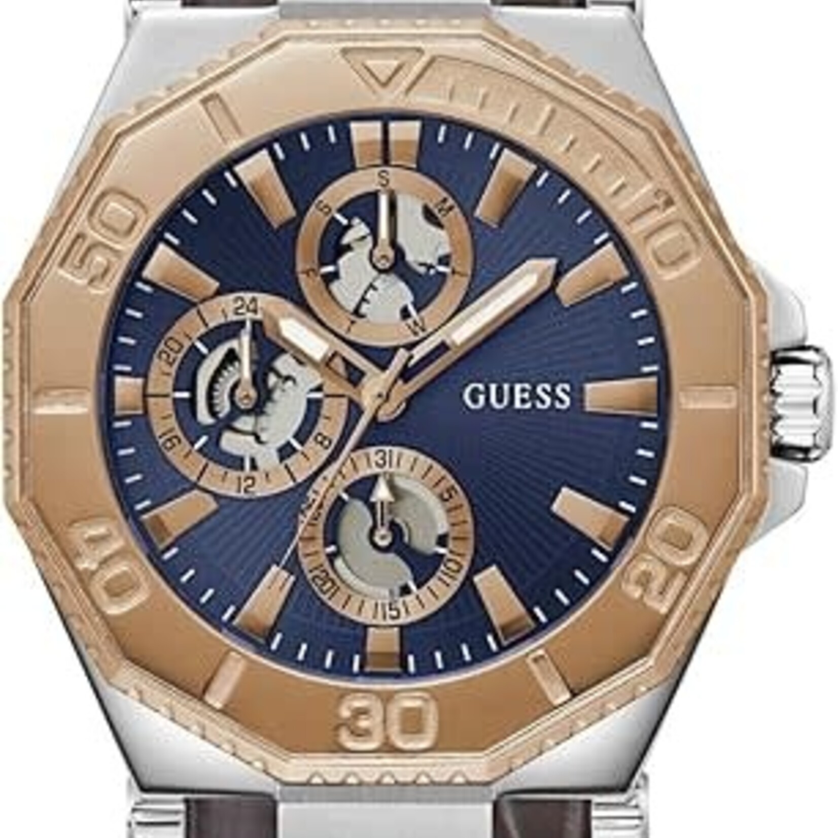 0218  | GUESS | Men's 46mm Watch - Brown Strap Blue Dial Two Tone