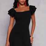 0218  | RBO | Flutter Sleeve Square Neck Dress COLOR: BLACK - SIZE: L