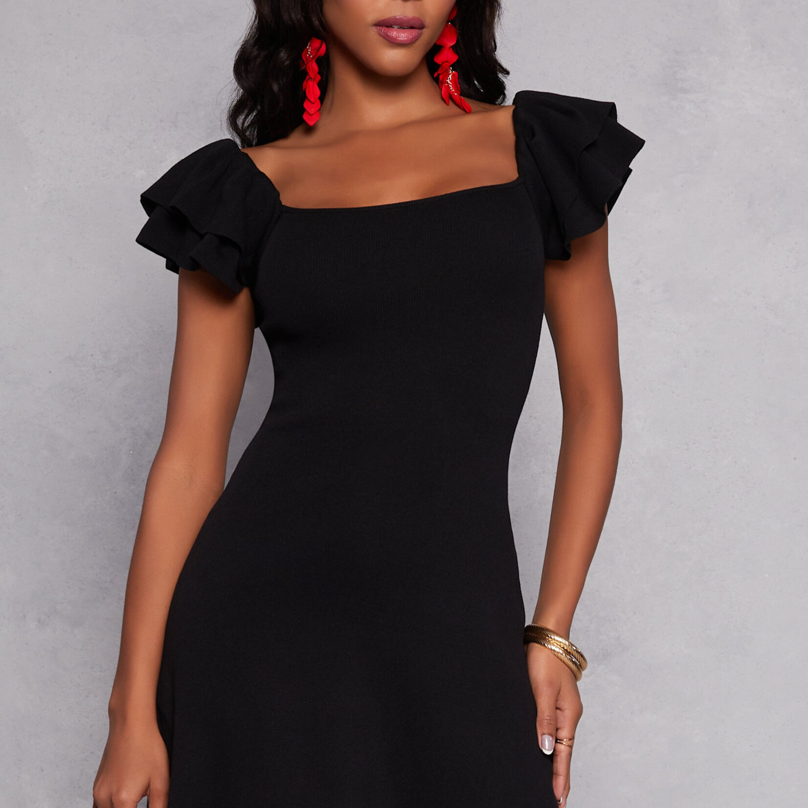 0218  | RBO | Flutter Sleeve Square Neck Dress COLOR: BLACK - SIZE: L