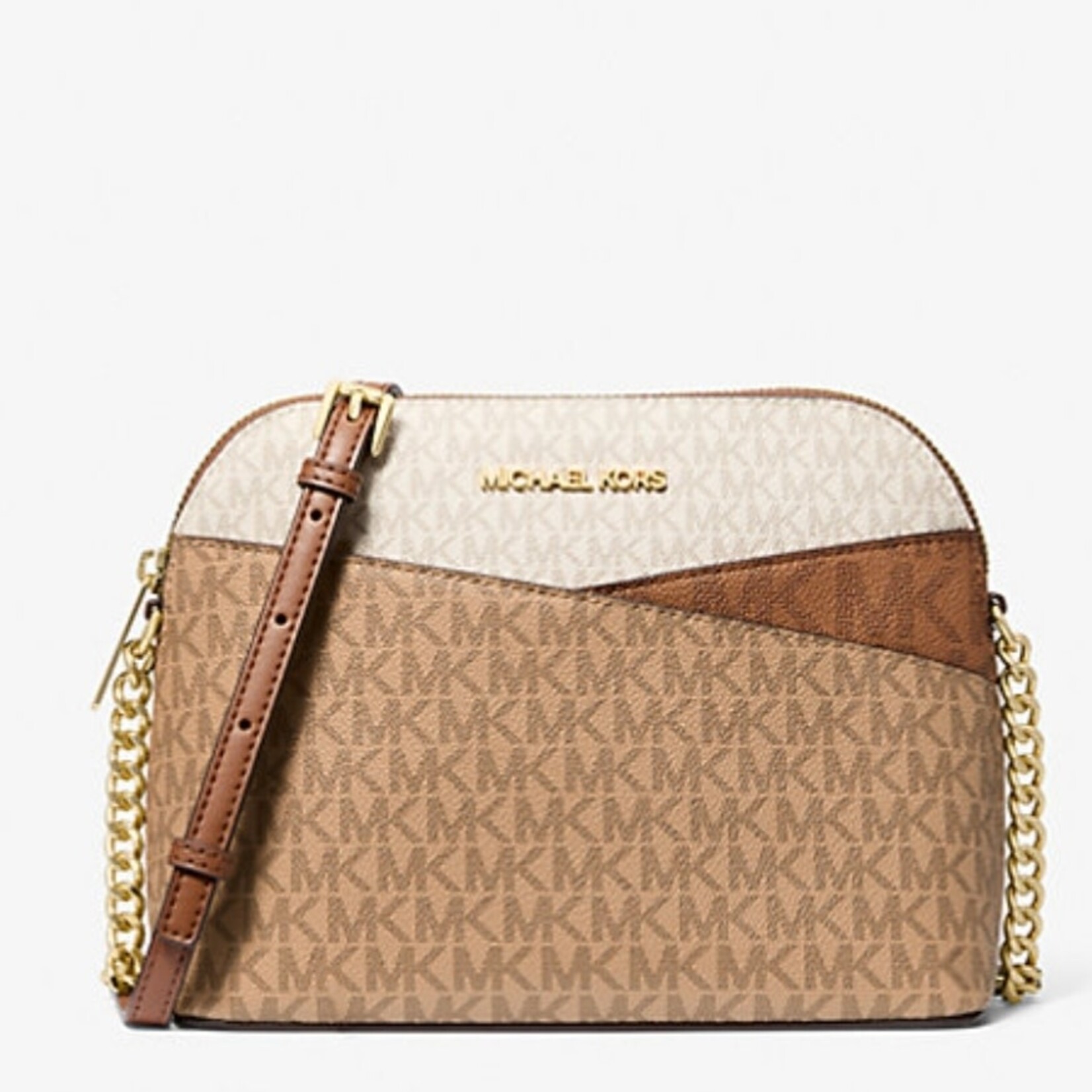0218  |  (Authentic) MICHAEL KORS|   Jet Set Travel Medium Color-Block Signature Logo Crossbody Bag - Color: CAMEL MLT