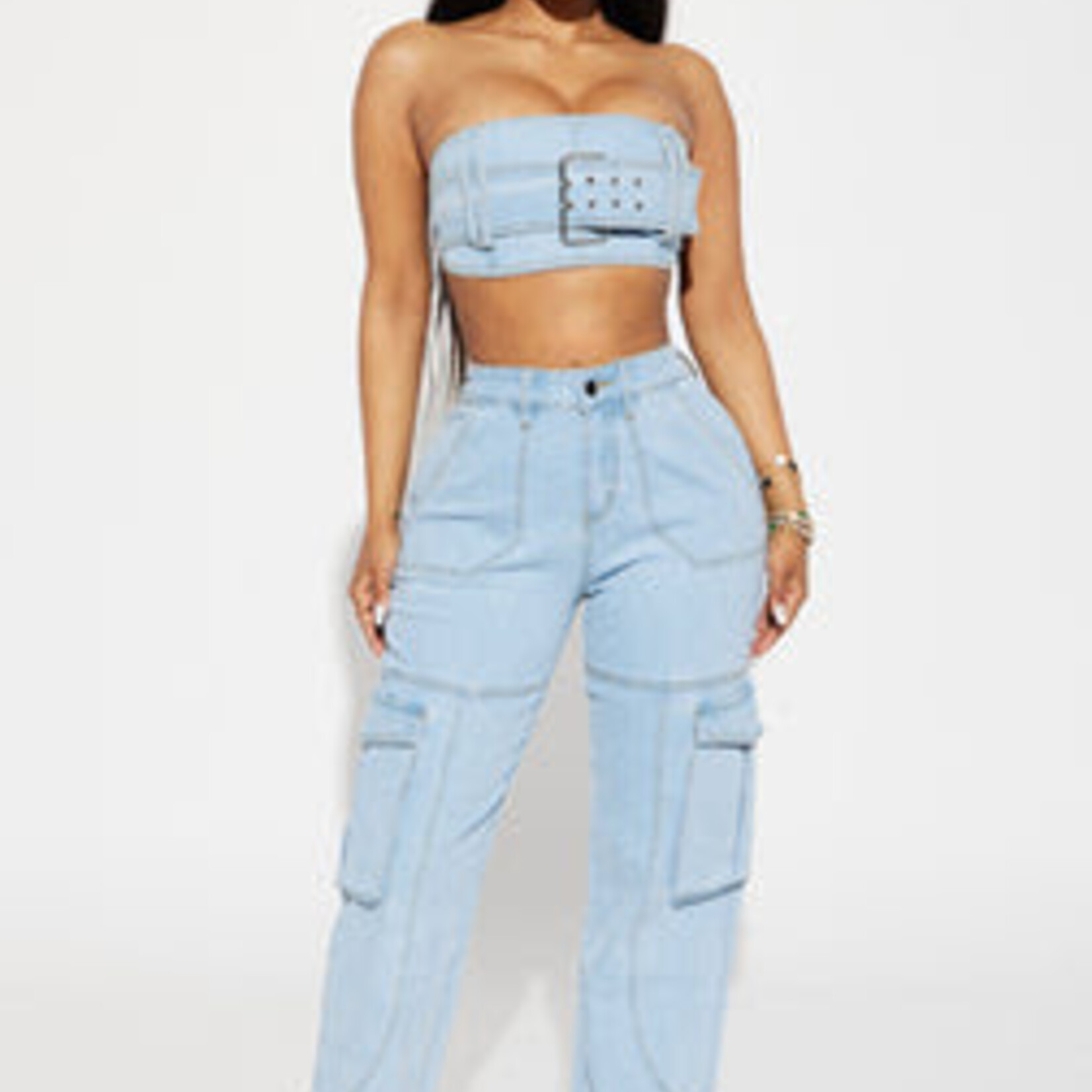 0601 | FNN | 	 Go All Out Denim Pant Set - Light Wash