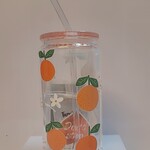 1023 | GRACE'S|ORANGE GLASS CUP 16 OZ.- Oranges-Flowers/Glitter Top