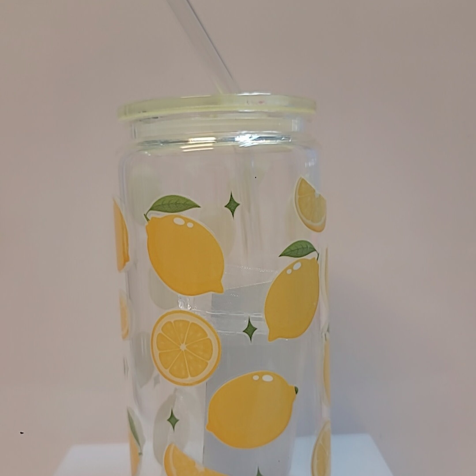 1023 | GRACE'S|YELLOW GLASS CUP 16 OZ.- Lemons/Glitter Top