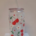 1023 | GRACE'S|RED GLASS CUP 16 OZ. Cherries- Flowers/Glitter-Pearl Top