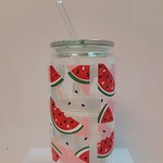1023 | GRACE'S|GREEN GLASS CUP 16 OZ.- Watermelons/Glitter Top