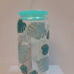 1023 | GRACE'S|GREEN GLASS CUP 16 OZ.- Multicolor Leaves