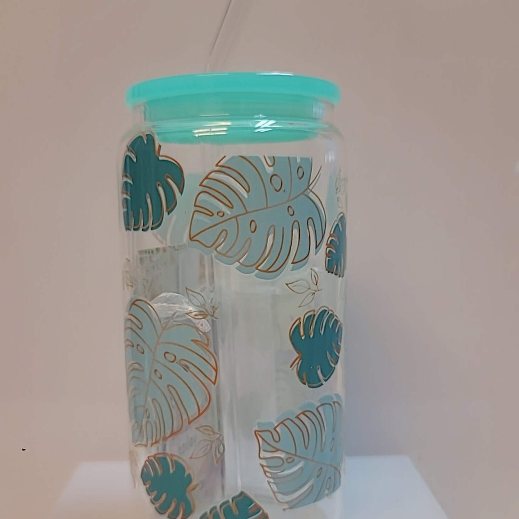 1023 | GRACE'S|GREEN GLASS CUP 16 OZ.- Multicolor Leaves