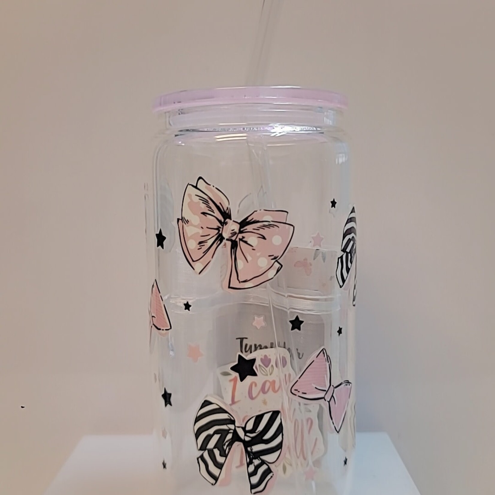 1023 | GRACE'S|PINK GLASS CUP 16 OZ.- Bows/Glitter Top