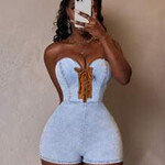 0827 | EIN | Slaydiva | Women's Metal Grommet Lace-Up Bustier Denim Romper    - SIZE: Blue-M"