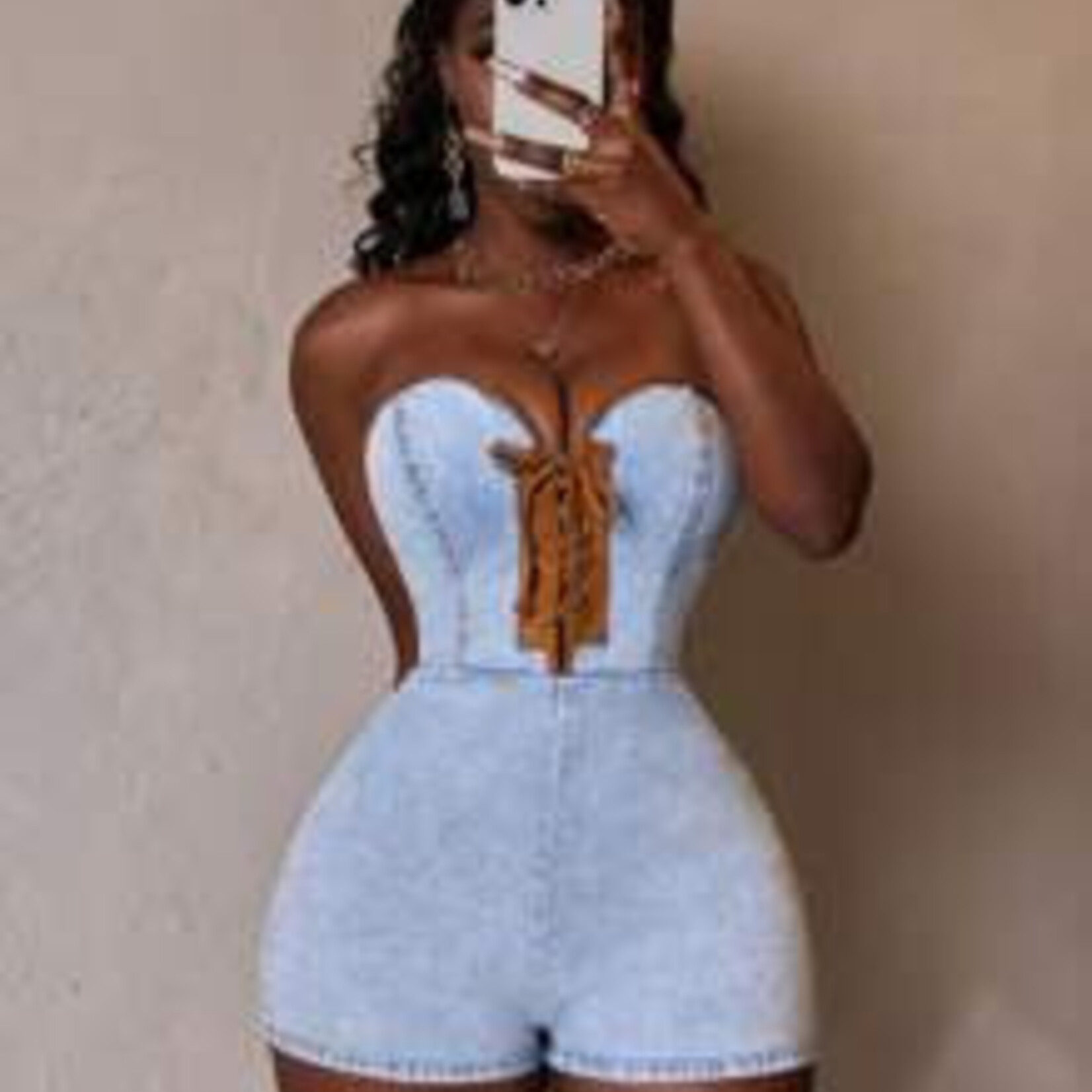 0827 | EIN | Slaydiva | Women's Metal Grommet Lace-Up Bustier Denim Romper    - SIZE: Blue-M"