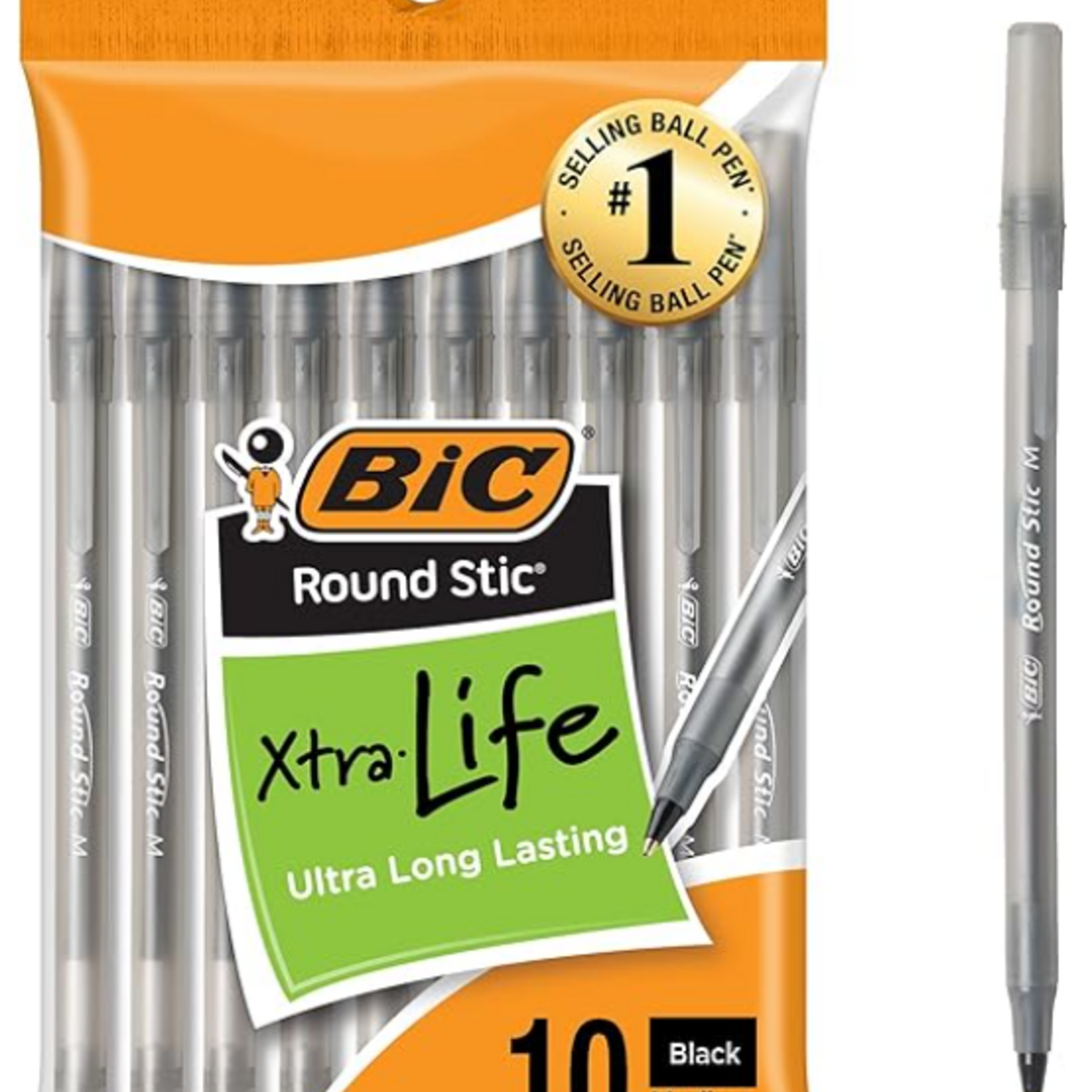 DSE | " BIC Round Stic Xtra Life Black Ballpoint Pens -  Medium Point (1.0mm), 10-Count Pack"