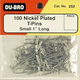 General Dubro Nickel Plated T Pins 1”   (100)