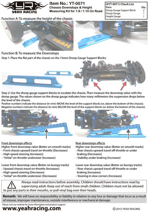 Parts Yeah Racing Chassis Downstops & Height Measuring Kit for 1:8/1:10 On Road