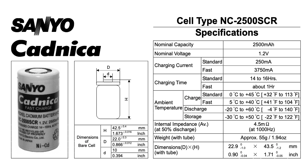 Battery NiCd MI NiCd Sub C 2500mA SCR Cell