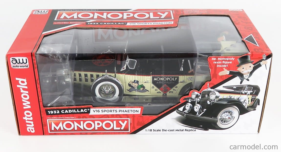 Diecast AUTOWORLD 1:18 Scale - Monopoly 1932 Cadillac V16 Phaeton W/MR Monopoly