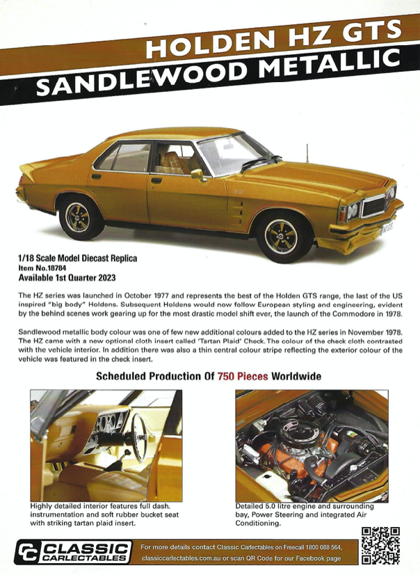 Diecast CLASSIC CARLECTABLES Diecast 1/18 Scale Holden HZ GTS Sandlewood Matalic