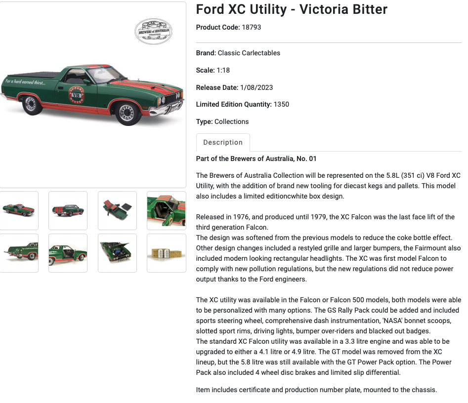 Diecast CLASSIC CARLECTABLES Diecast 1/18 Scale Ford XC Utility Victoria Bitter