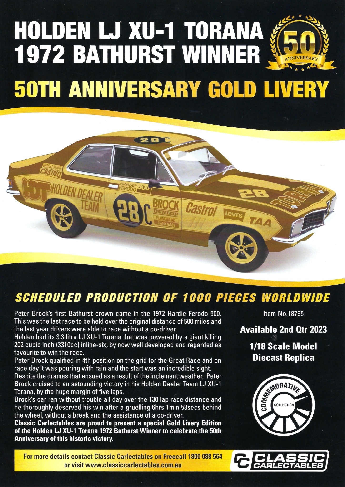 Diecast CLASSIC CARLECTABLES Diecast 1/18 Holden LJ XU-1 Torana 1972 Bathurst Winner 50th Ann Gold Livery