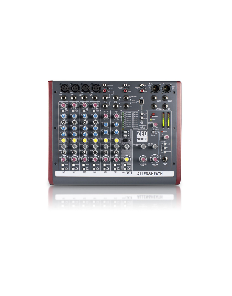 Allen and Heath ZED-10FX - ZED 4 mono/3 stereo ins, 1 aux, 3-band mid-sweep EQ, LR, USB IO, FX