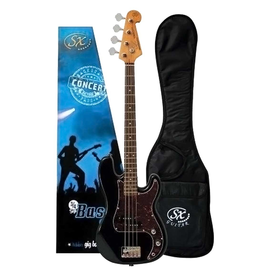 SX 3/4 size short scale Bass blk Traditional 60's style solid basswood body. Maple neck with rosewood fingerboard. 20 frets.30" scale. P pickup. Volume and tone controls with chrome knobs. Tortoiseshell 3 ply scratchplate. Chrome vintage machine head