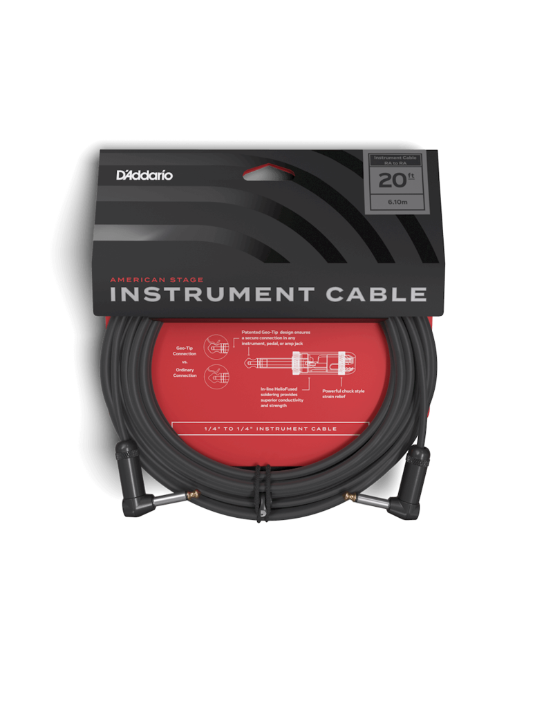 D'addario American Stage RRight 20ft Right Angled Gtr Cable