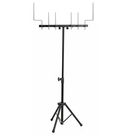 Xtreme XTREME - Two piece tubular stand with tripod base. 60cm long horizontal bracket with 4 straight and 2 x ‘Z’ chrome posts, drilled at one end to hang triangles and other percussion instruments. Height 74 - 125cm. Black