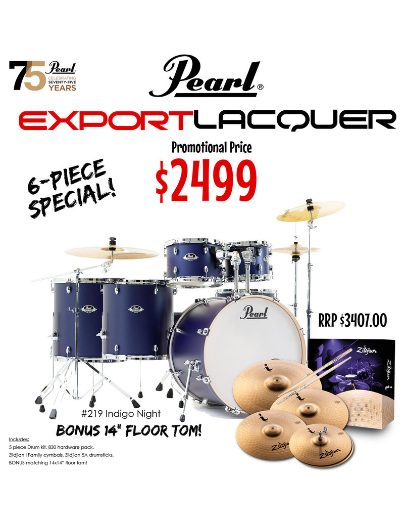 Pearl Export Laquer Kit Indigo Night + 22" Fusion Plus w/ P-930 Kick pedal + Hardware, I series Zildjian plus FREE 14" Floor Tom