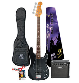 SX 4/4 Scale Bass Guitar P-Style with 15 watt Amp and Gig Bag - Black