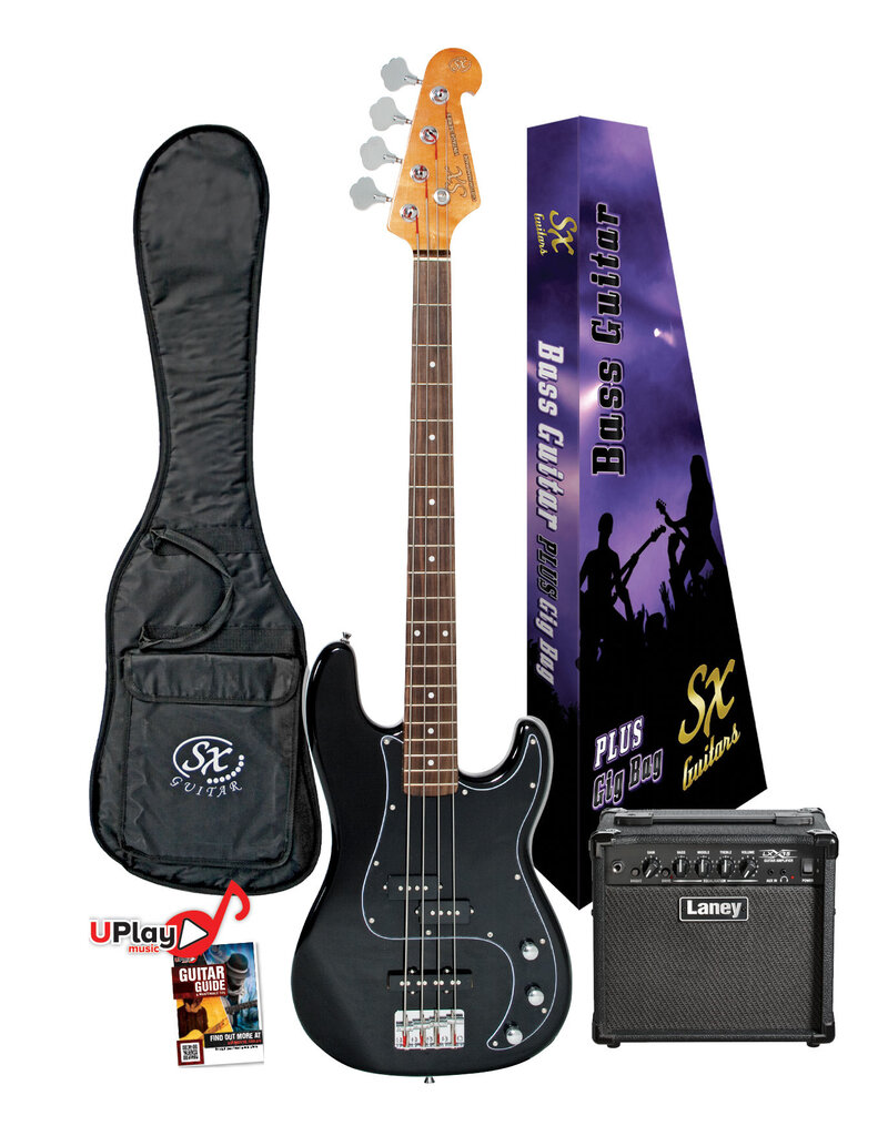 SX 4/4 Scale Bass Guitar P-Style with 15 watt Amp and Gig Bag - Black