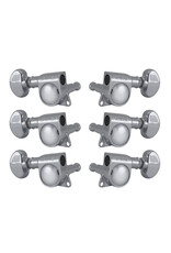 Grover Rotomatic mid size machine heads. Deluxe diecast housing with offset tab. 18:1 gear ratio. Singles. 3-a-side. Chrome.