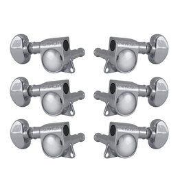 Grover Rotomatic mid size machine heads. Deluxe diecast housing with offset tab. 18:1 gear ratio. Singles. 3-a-side. Chrome.