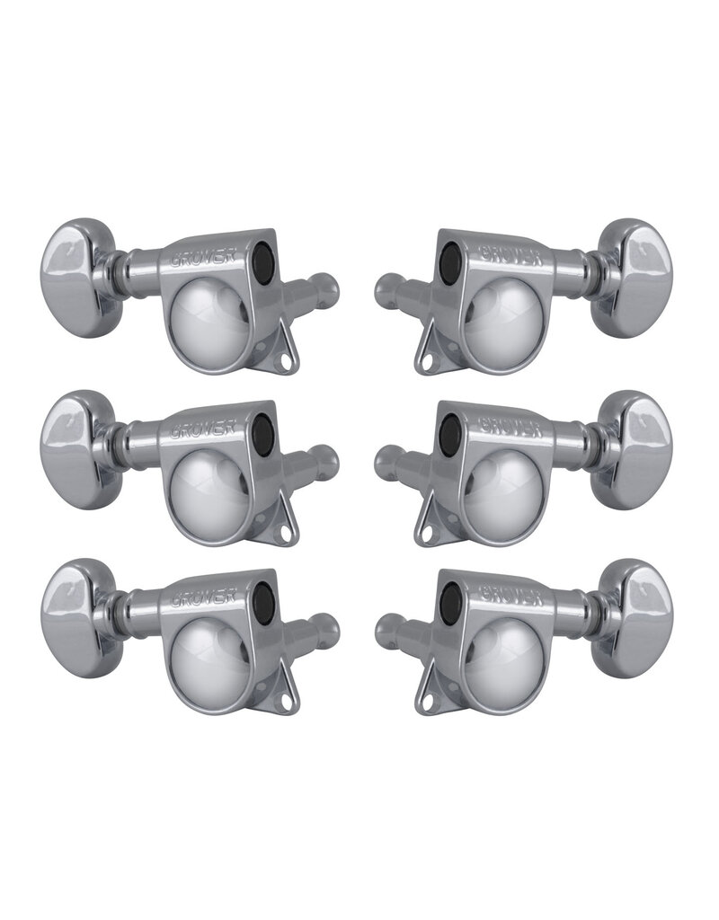 Grover Rotomatic mid size machine heads. Deluxe diecast housing with offset tab. 18:1 gear ratio. Singles. 3-a-side. Chrome.