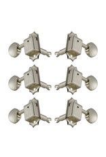 Grover Deluxe vintage series machine heads. 14:1 gear ratio. Singles. 3-a-side. Metal buttons, round vintage style. Slotted posts. Nickel. Packaged.