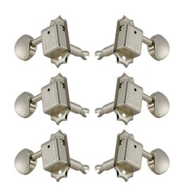 Grover Deluxe vintage series machine heads. 14:1 gear ratio. Singles. 3-a-side. Metal buttons, round vintage style. Slotted posts. Nickel. Packaged.