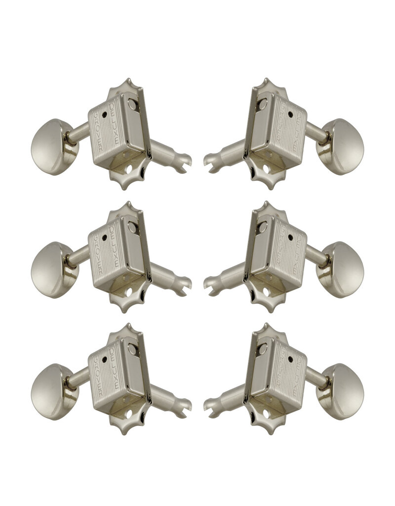Grover Deluxe vintage series machine heads. 14:1 gear ratio. Singles. 3-a-side. Metal buttons, round vintage style. Slotted posts. Nickel. Packaged.