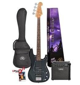 SX 4/4 Scale Bass Guitar P-Style and 15 watt amp and Gig Bag - Black