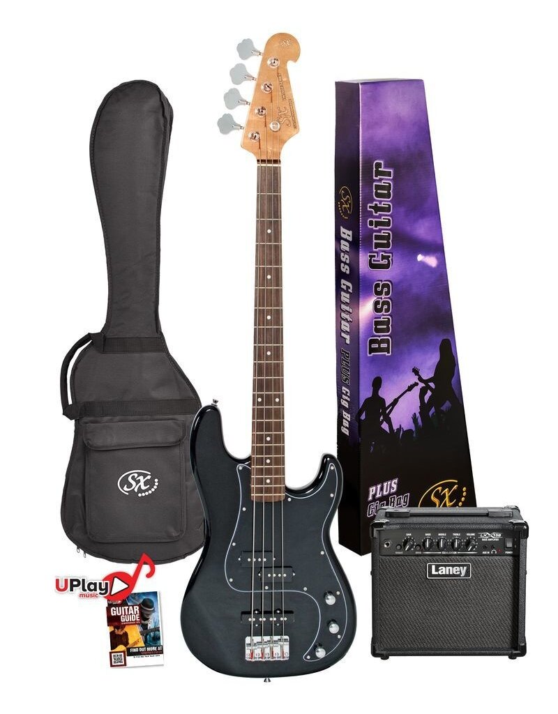 SX 4/4 Scale Bass Guitar P-Style and 15 watt amp and Gig Bag - Black