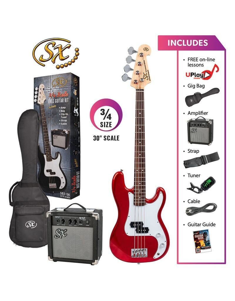 SX 3/4 size short scale bass and 10 watt amp package - Candy Apple Red