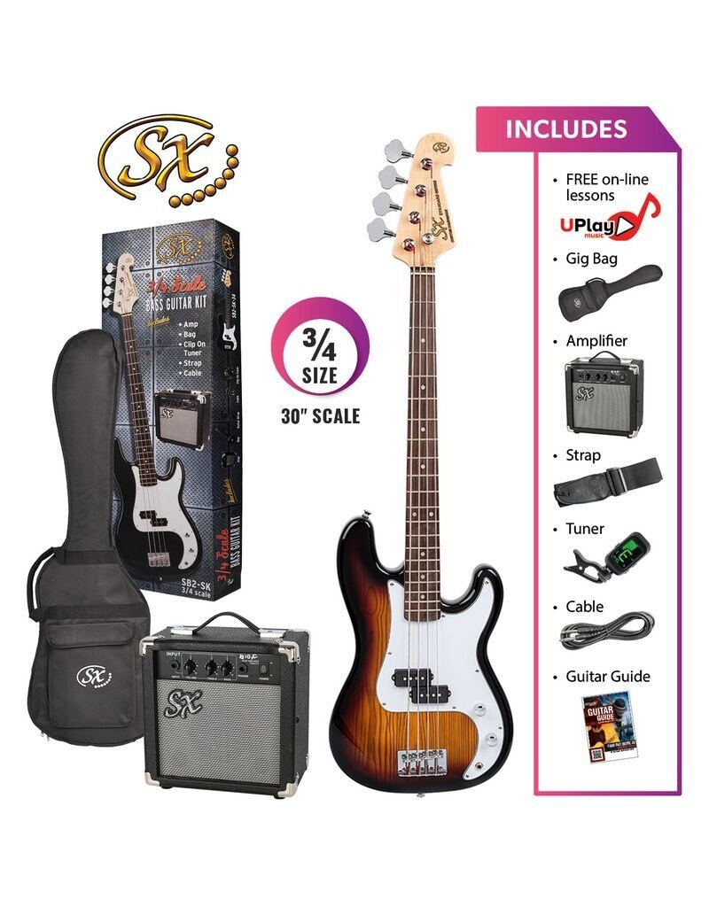 SX 3/4 size short scale bass and 10 watt amp package - Sunburst