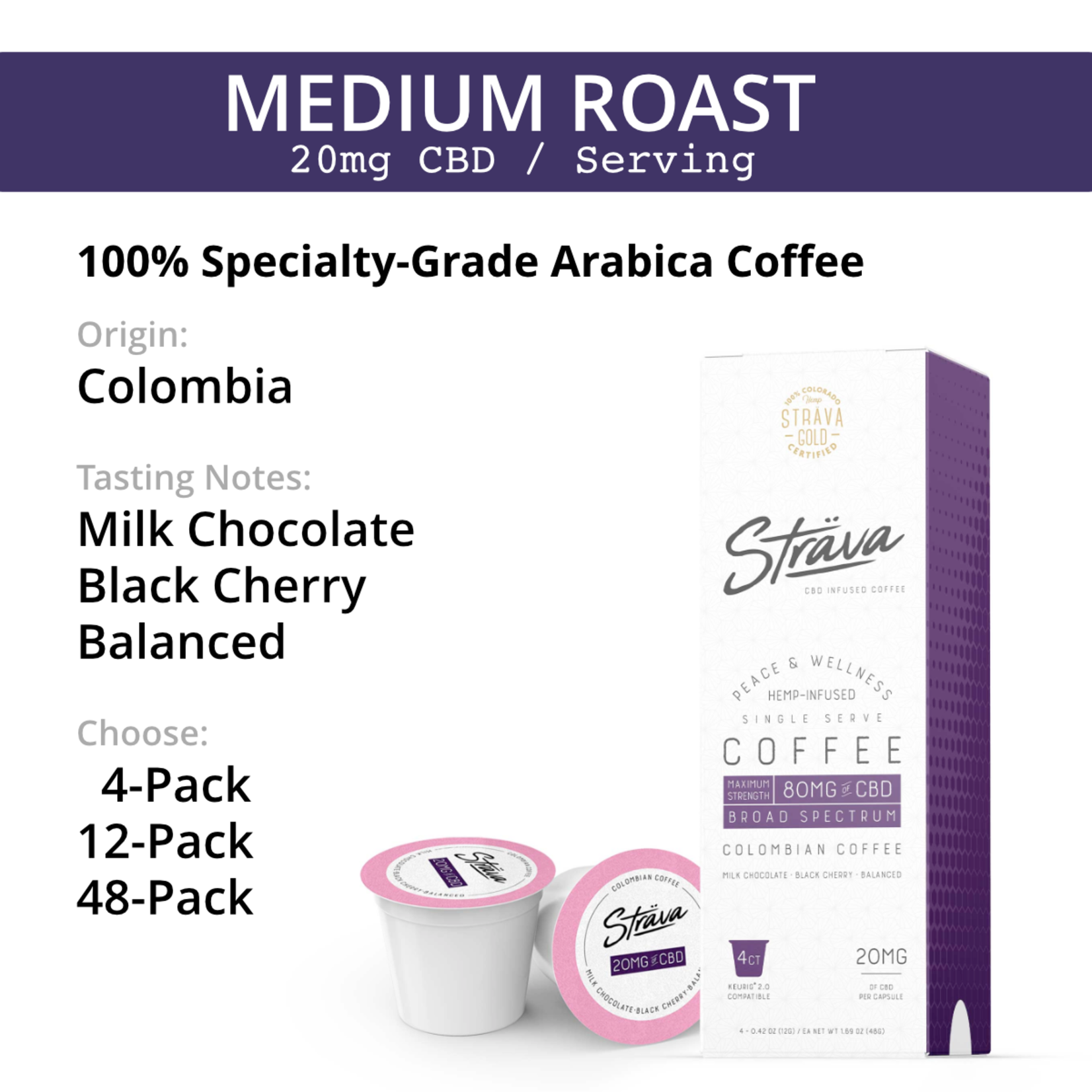 Strava Strava CBD Infused Coffee 80mg Broad Spectrum Single Serve Keurig cup maximum Strength Columbian coffee