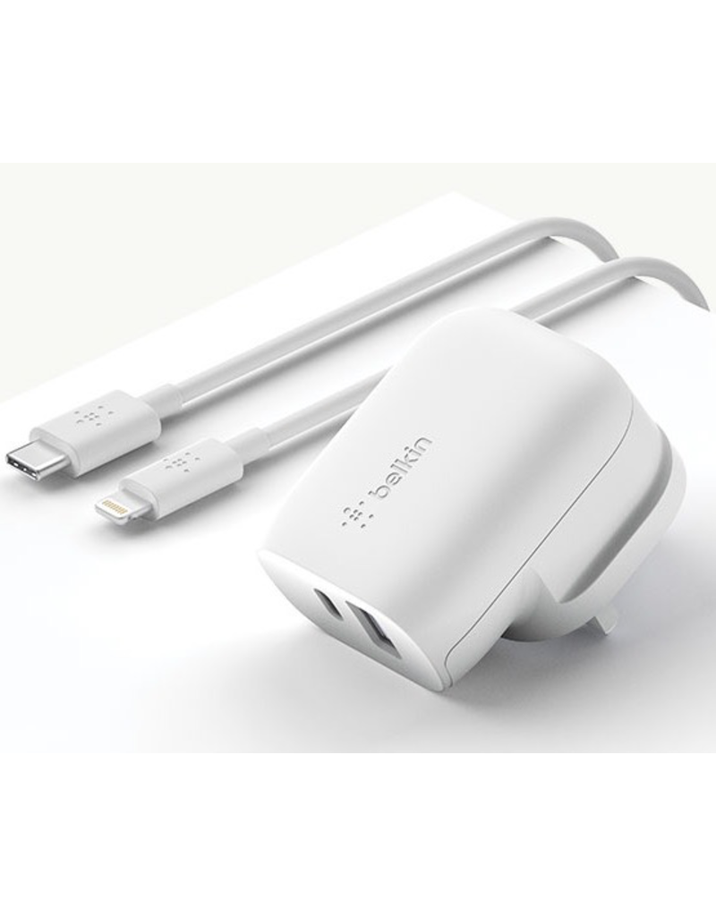 BELKIN Belkin Wall Charger Dual Port 32W, 20W USB-C With Lightening, 12W USB-A UK Plug - White