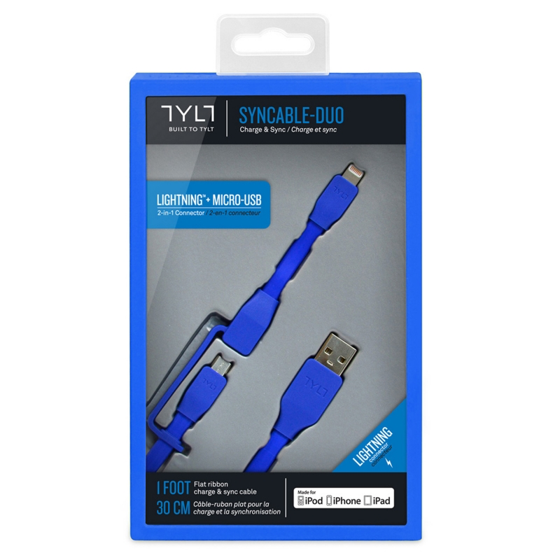 TYLT Sync and Charge Cable Duo Lightning+Micro to USB 1M  - Blue