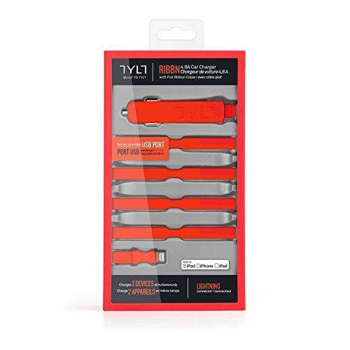 TYLT 4.8A Car Charger with Lightning Cable + Bonus Universal USB Port - Red