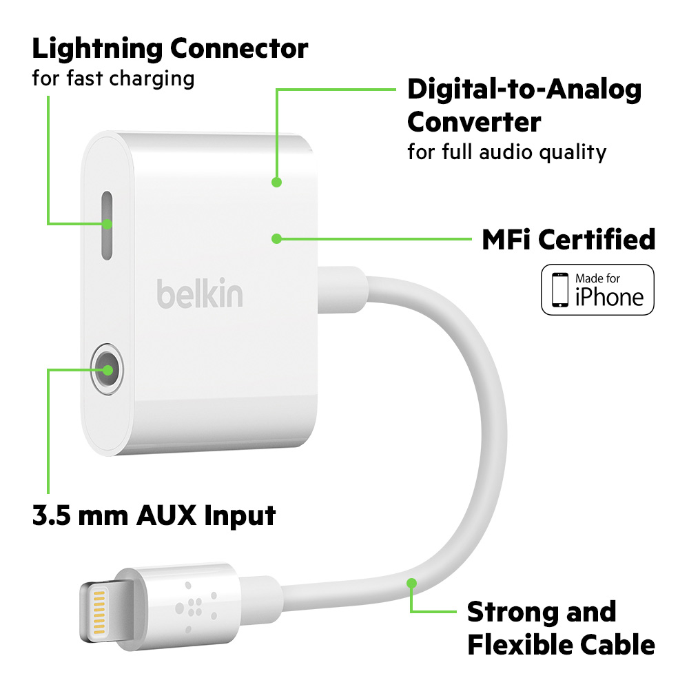 Belkin Rockstar 3.5mm Audio + Lightning Connector Charge Adapter
