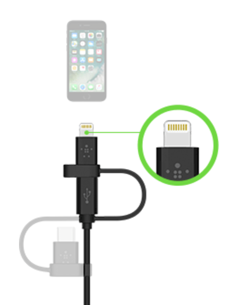 BELKIN Belkin Universal Cable (3 in 1) Lightning, Micro USB and USB-C 1.2m - Black