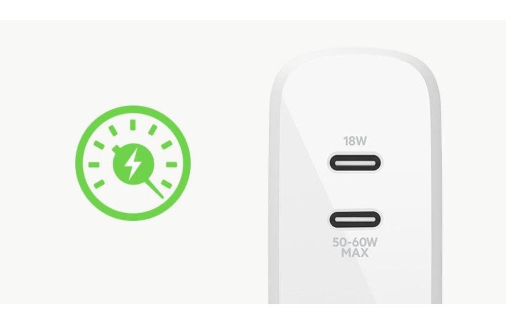 Belkin Boost Dual USB-C PD Gan Wall Charger 63W ,45C/18C - White