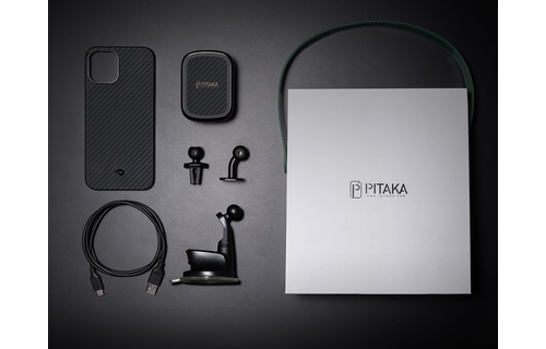 Pitaka Aramid Karbon Fiber MagEZ Case & In-Car Wireless Charging Kit iPhone 12 Mini - Black/Grey Twill